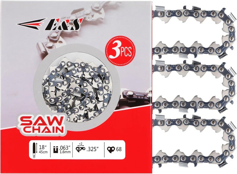 ES 3 Pack 18 Inch Chainsaw Chain .325" Pitch .063" Gauge 68 Drive Links Semi-Chisel Chain Saw Chains for Husqvarna, Poulan, Craftsman, Greenworks and More Chainsaw Brands - Image 1